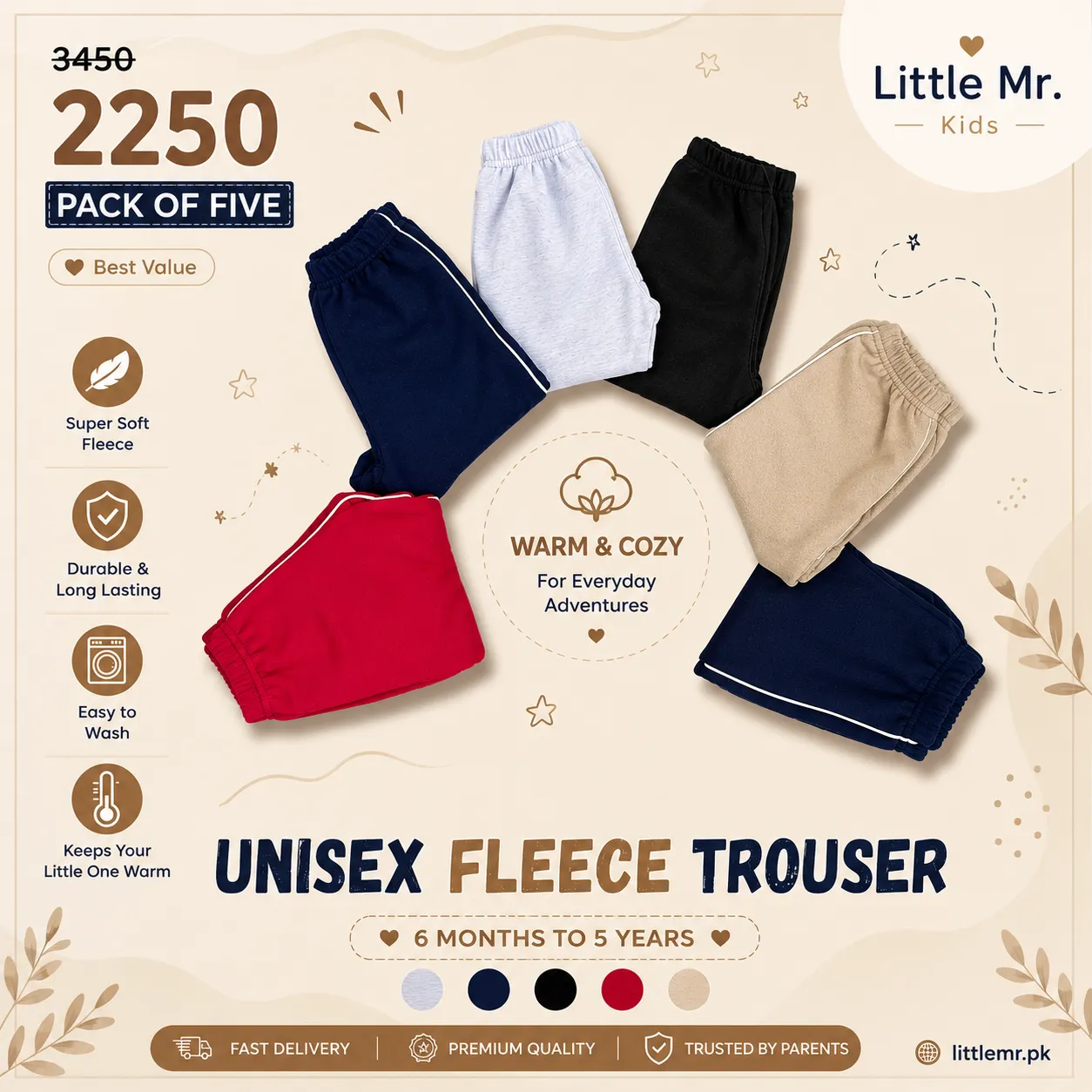 Pack of 5 Everyday kids comfort fleece trousers
